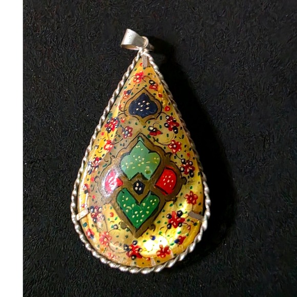 The Unbranded Brand Jewelry - Middle Eastern Persian Hand Painted Shell Double Sided Pendant Tear Drop 2in